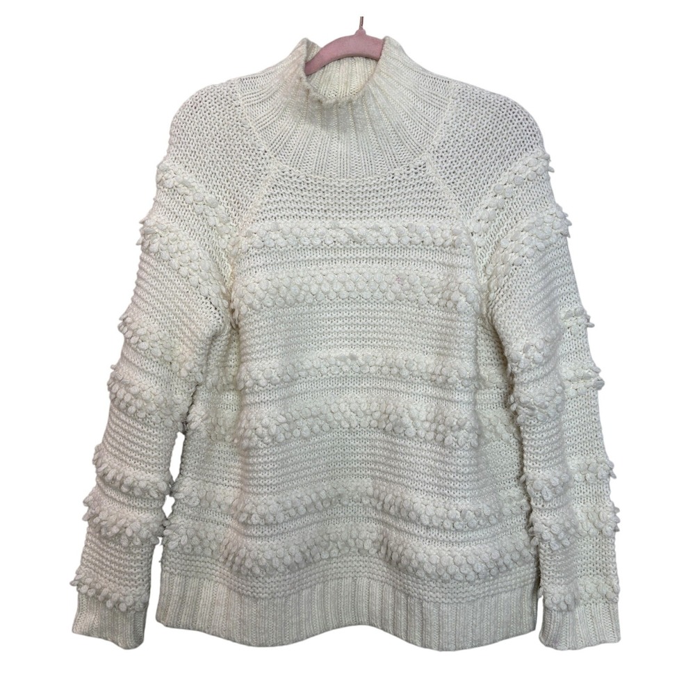 Lou & Grey Women's Ivory Sweater Size Small Pom Pom Stripes‎ Chunky Open Knit